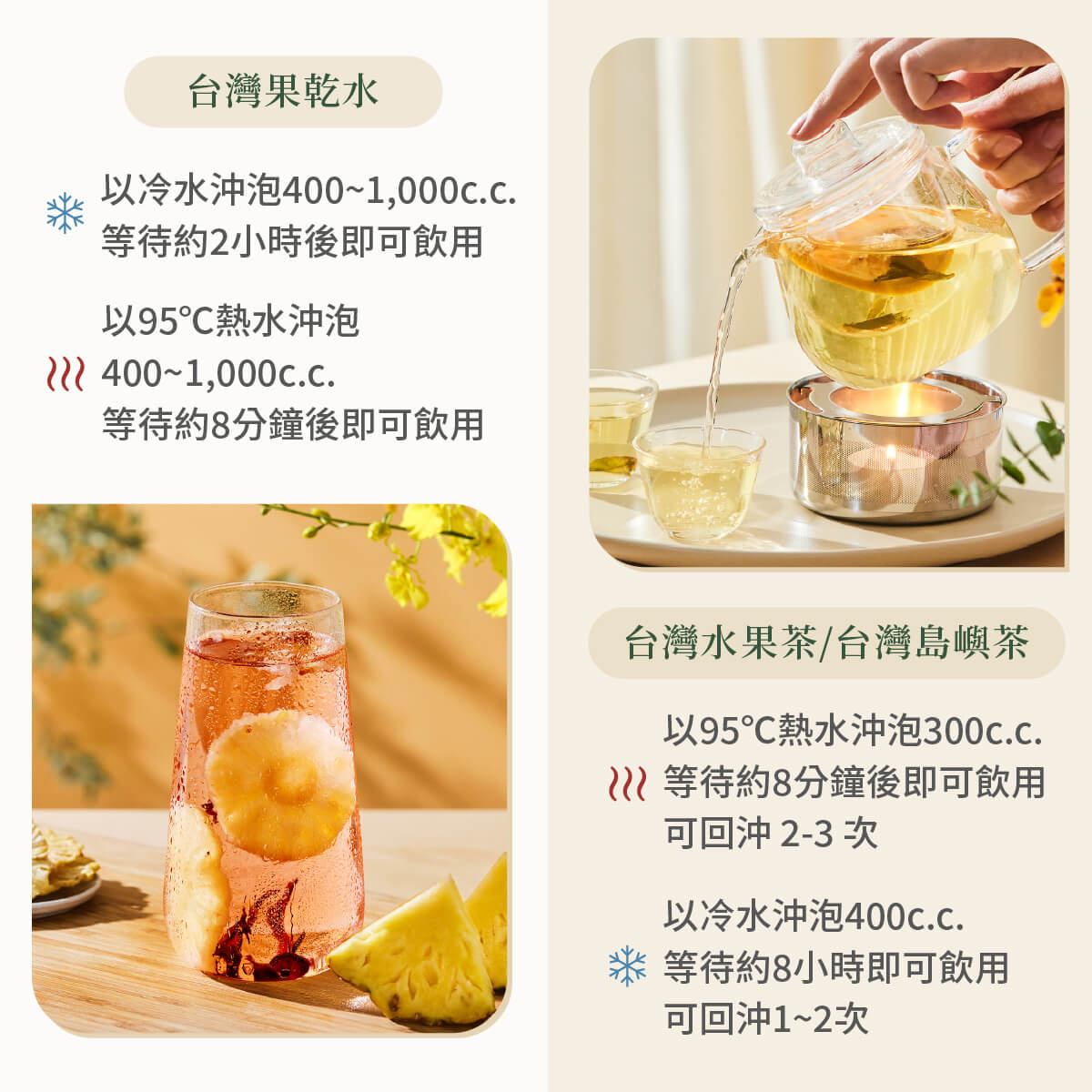 台灣果乾水、台灣水果茶、台灣島嶼茶沖泡方式說明